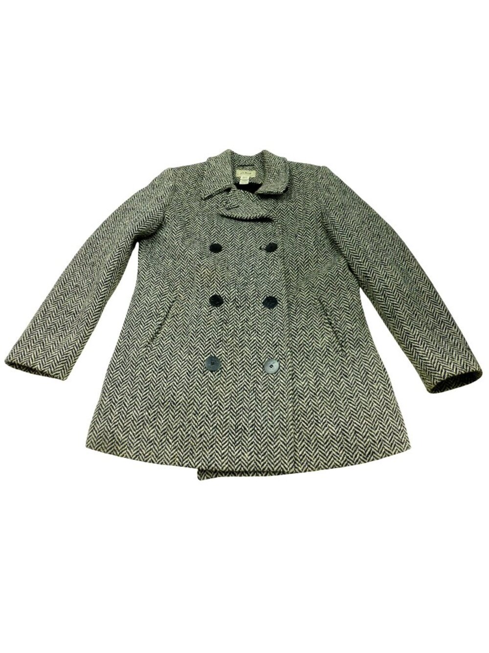 L.L. Bean Womens Herringbone Wool Blend Double Breasted Coat Black White Size 10